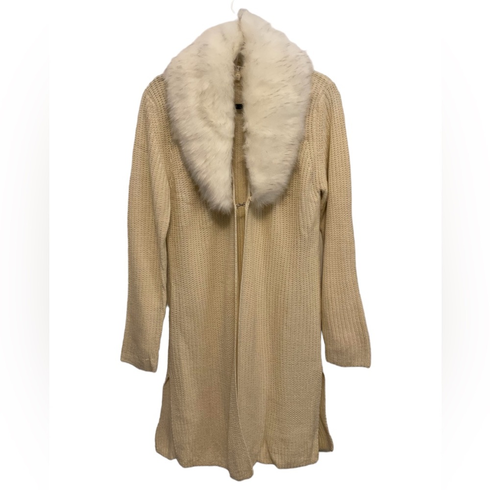 UMGEE White Chunky Knit Sweater Duster Coat Removable Faux Fur Collar Sz Medium
